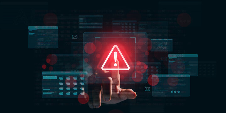 Warning alert icon with a hacked system. malicious software, virus, spyware, malware, or cyberattacks on computer networks. Security on the internet and online scam. Digital data is being compromised.