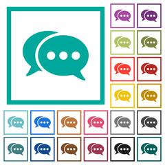 Two oval active chat bubbles solid flat color icons with quadrant frames