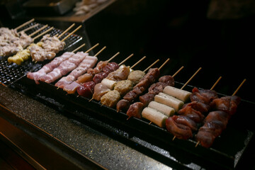 Grilled yakitori chicken skewers at an Izakaya restaurant in Omoide Yokocho street in the Shinjuku district of Tokyo.