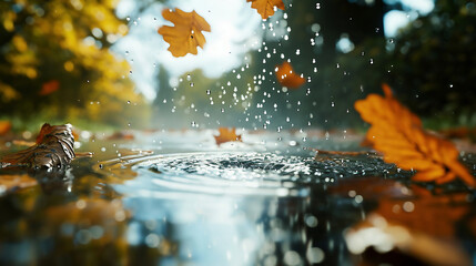 Waterdrops of heavy rain in freeze motion, autumn yellow leaves fall in a puddle bokeh background