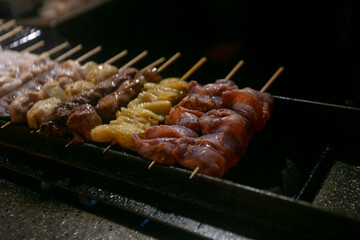 Grilled yakitori chicken skewers at an Izakaya restaurant in Omoide Yokocho street in the Shinjuku district of Tokyo.