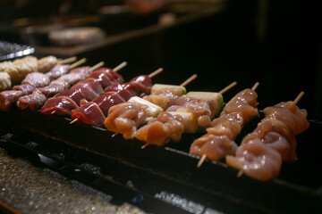 Grilled yakitori chicken skewers at an Izakaya restaurant in Omoide Yokocho street in the Shinjuku district of Tokyo.