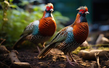 Fototapeta premium Two majestic pheasants stand proudly on the rugged ground, their colorful feathers and sharp beaks shining in the outdoor sunlight as they exude a sense of wild beauty and grace