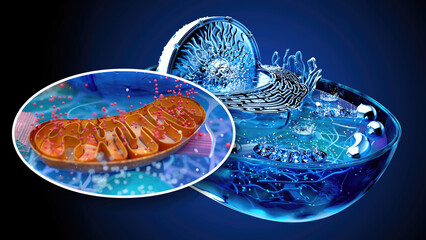 4K abstract illustration of the biological cell and the mitochondria - obrazy, fototapety, plakaty