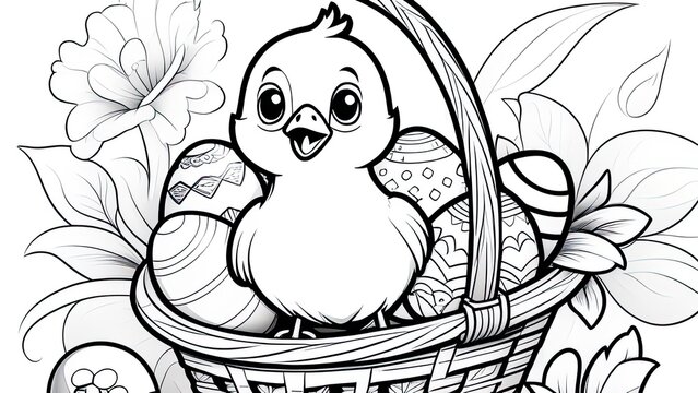 Cute little bunny and chicks with basket full of spring flowers and eggs. Happy Easter greeting black and white illustration for coloring book page.