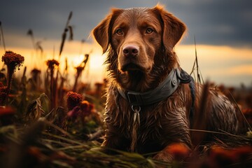 A majestic brown dog stands tall in a sun-kissed field, surrounded by vibrant flowers and lush green grass, under the open sky, embodying the beauty of nature and the loyalty of a beloved canine comp