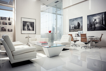 A sleek and minimalist attorney office, emphasizing a modern design with clean white aesthetics.