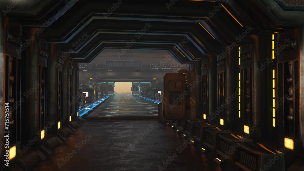 Poster dark atmospheric tunnel inside a futuristic sci-fi space station building. 3d illustration.