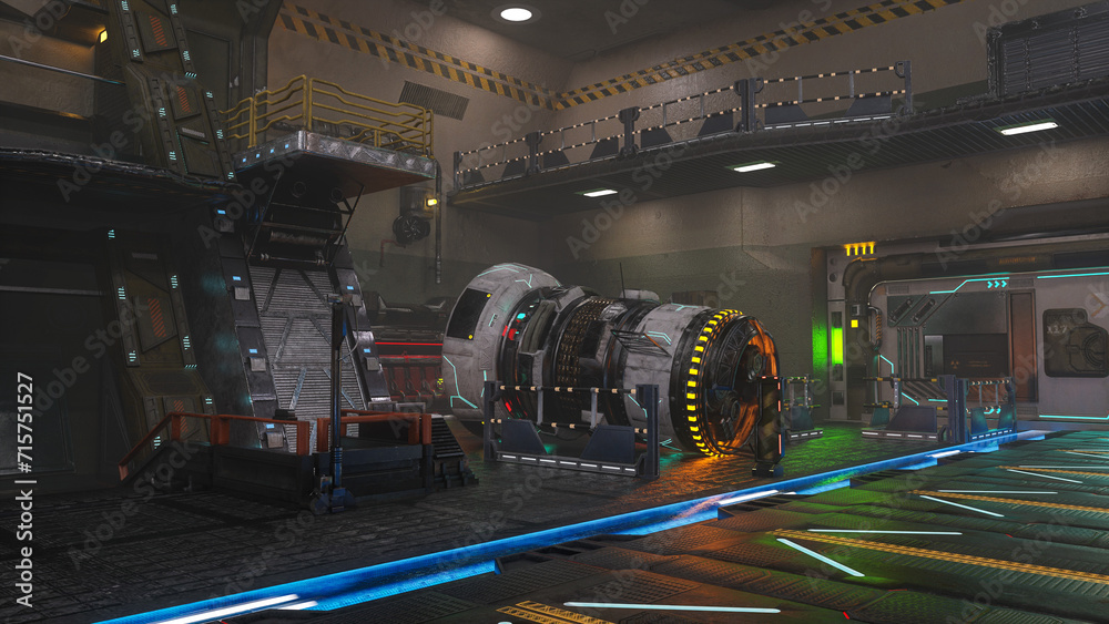 Poster machinery inside a fantasy future space station hangar. 3d rendering.