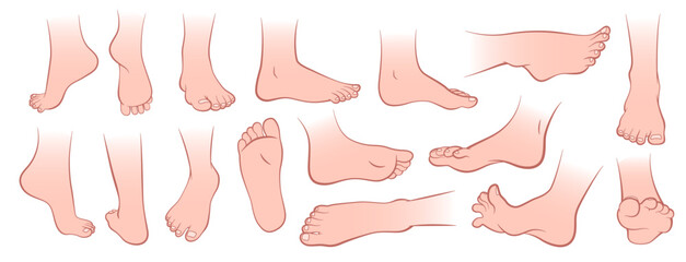 Human feet. Different naked foot positions, sole, heel and toes, front, side and back view, healthy skin, toenails, body part, human body anatomy elements, cartoon flat tidy vector set