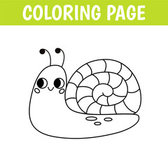 Insect coloring page, cute print with line snail. Printable worksheet with solution for school and preschool.