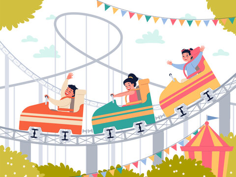 Happy kids in amusement park. Smiling children have fun on roller coaster, cute little boys and girls on ride. Attraction cars. Splendid cartoon isolated illustration, vector entertainment concept