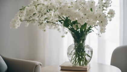home interior with white flowers in a vase on a light background