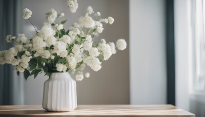 home interior with white flowers in a vase on a light background