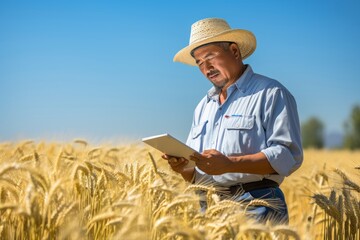A dedicated State Agricultural Inspector meticulously examining crops in a vast sunlit field, with a backdrop of a clear blue sky