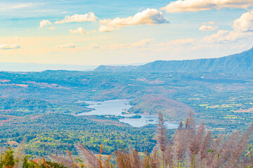 The stunning view in Forest Park from a tourist's standpoint with background of golden sky, swamps and mountains, Rainforest, Thailand. Bird's eye view. Aerial view. 