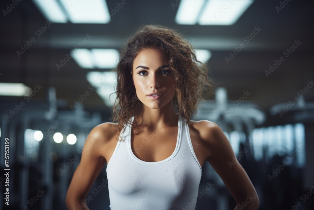 Wall mural A Portrait of Determination: Female Professional Athlete in Her Element, Sweating After an Intense Training Session in a Modern Gym