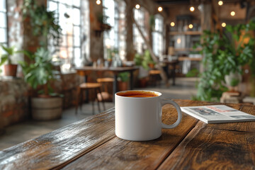 Coffee cup and newspaper on wooden table in coffee shop background. Mockup
