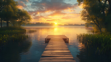 A picturesque lakeside retreat, featuring a wooden dock, calm waters, and a sunset casting warm hues over a tranquil evening scene.  - Powered by Adobe