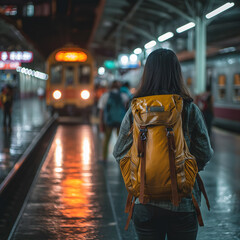 Sustainable tourism reduces global warming and saves money, traveling by train, Asia female tourist carrying a backpack, waiting for the train at the station - obrazy, fototapety, plakaty