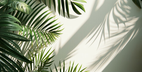 Tropical leaves Monstera on white background with shadows. Flat lay, top view	