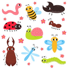Set of cute garden insects, bugs. Snail, butterfly, stag-beetle, dragonfly, worm, ladybug, bee, rhinoceros beetle, ant and caterpillar for children. Funny childish characters.