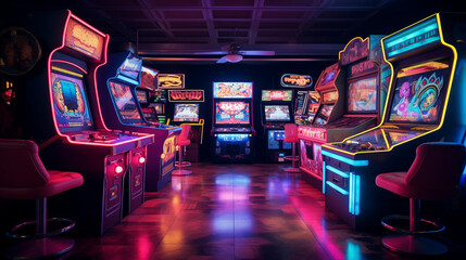  A retro-inspired game room with arcade games, neon lights, and a vintage vibe - obrazy, fototapety, plakaty
