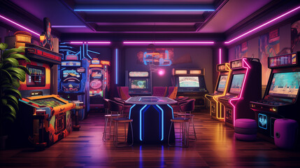  A retro-inspired game room with arcade games, neon lights, and a vintage vibe - obrazy, fototapety, plakaty