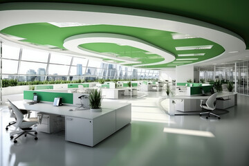 An open-plan workspace designed for a chemical company, featuring a minimalist look in shades of white and green, emphasizing environmental responsibility.