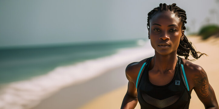 Generative AI image of A beautiful athletic feminine dark black Senegalese slender woman named Koumba, with braids, running on a beach in Senegal on a hot sunny summer day. 