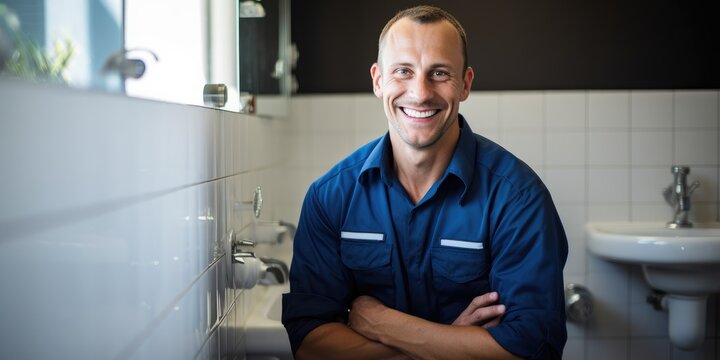 A confident smiling plumber in uniform posing in a modern bathroom setting