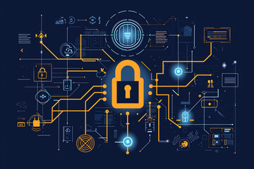 Obraz premium A drawing of encrypted data flowing through a secured network, Secure Software Development drawings, flat illustration