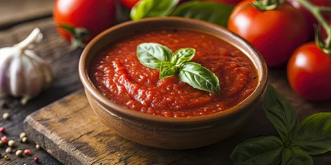 Fotobehang Italian traditional tomato sauce in a plate on a background of tomatoes on a wooden surface, background . © Людмила