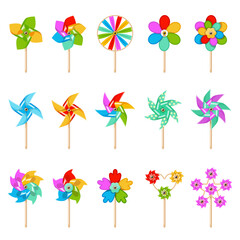 Cartoon pinwheel toy. Kids breeze wheels, colorful propeller for outdoor games, summer bright whirligig spinner, paper vanes, colorful rotating ventilators, carnival product, vector set
