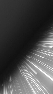 Background of grey and white neon bright lines coming from front to back and fading at center creating a diagonal dark shadow line. Stream of glowing fast moving speed lines.