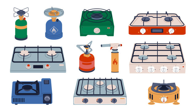 Cartoon flat gas stoves. Camping and household hobs, propane fuel balloons, outdoor cooking devices, expedition kitchen, furnace travel, heat flame, propane hob butane nowaday vector set