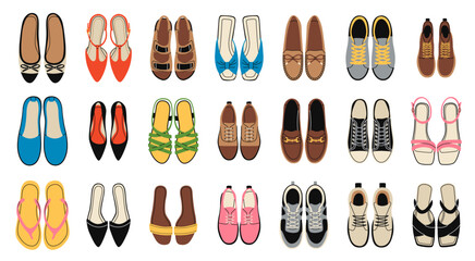 Cartoon female shoes top view. Colorful womens footwear pairs, different types, girls sneakers, summer sandals, espadrilles. Stylish modern accessories, trendy clothing. Tidy vector set