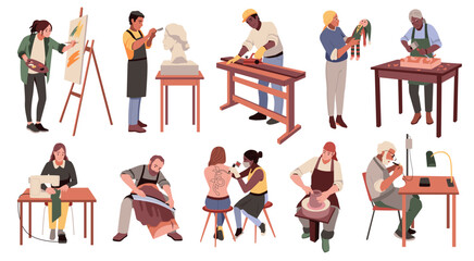 Cartoon artisans. People engaged in craft, hobbies and professions, masters work, sculptors, painters, potters and jewelers. Persons make tattoos and sculptures, sew dolls tidy vector set