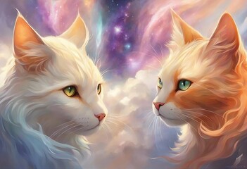 Two cats with majestic heads are featured in an illustration for a fantasy fairy tale