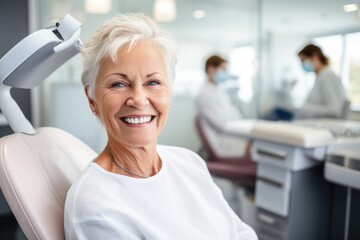 senior woman happy and surprised expression in a dentist clinic - obrazy, fototapety, plakaty