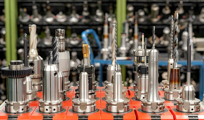 Warehouse with cutting tools and arbors for a CNC metalworking machine.