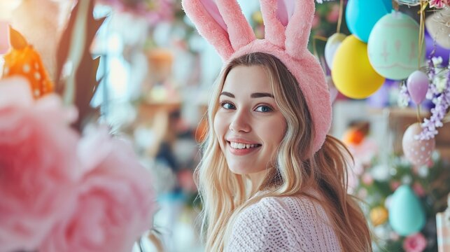 Picture of a cheerfully grinning woman dressed as a bunny and surrounded by Easter decorations