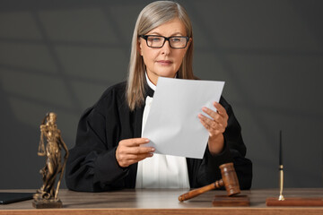 Judge in court dress working with document indoors