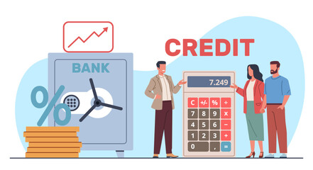 Bank manager tells customers about terms and conditions of loan. Interest rate calculator, financial consultant, credit service. Client talking to manager cartoon isolated vector concept