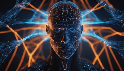 Man’s head surrounded by a blue and orange glow lines representing neural connections on black blue - Powered by Adobe
