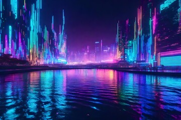 Glitchy holographic waves in a cyberpunk cityscape