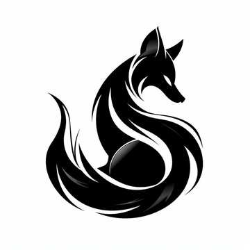 A sleek fox silhouette with a bushy tail curving into a loop, Logo on white background