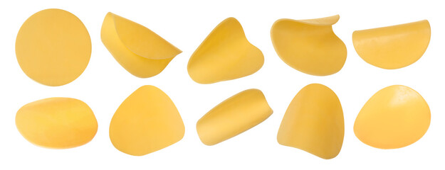 Slices of tasty cheese isolated on white, set