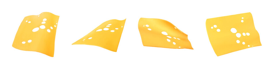 Slices of tasty cheese isolated on white, set
