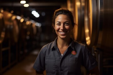A Portrait of a Passionate Female Brewmaster, Proudly Standing in Her Traditional Brewery, Surrounded by Wooden Barrels and the Aroma of Brewing Beer - obrazy, fototapety, plakaty